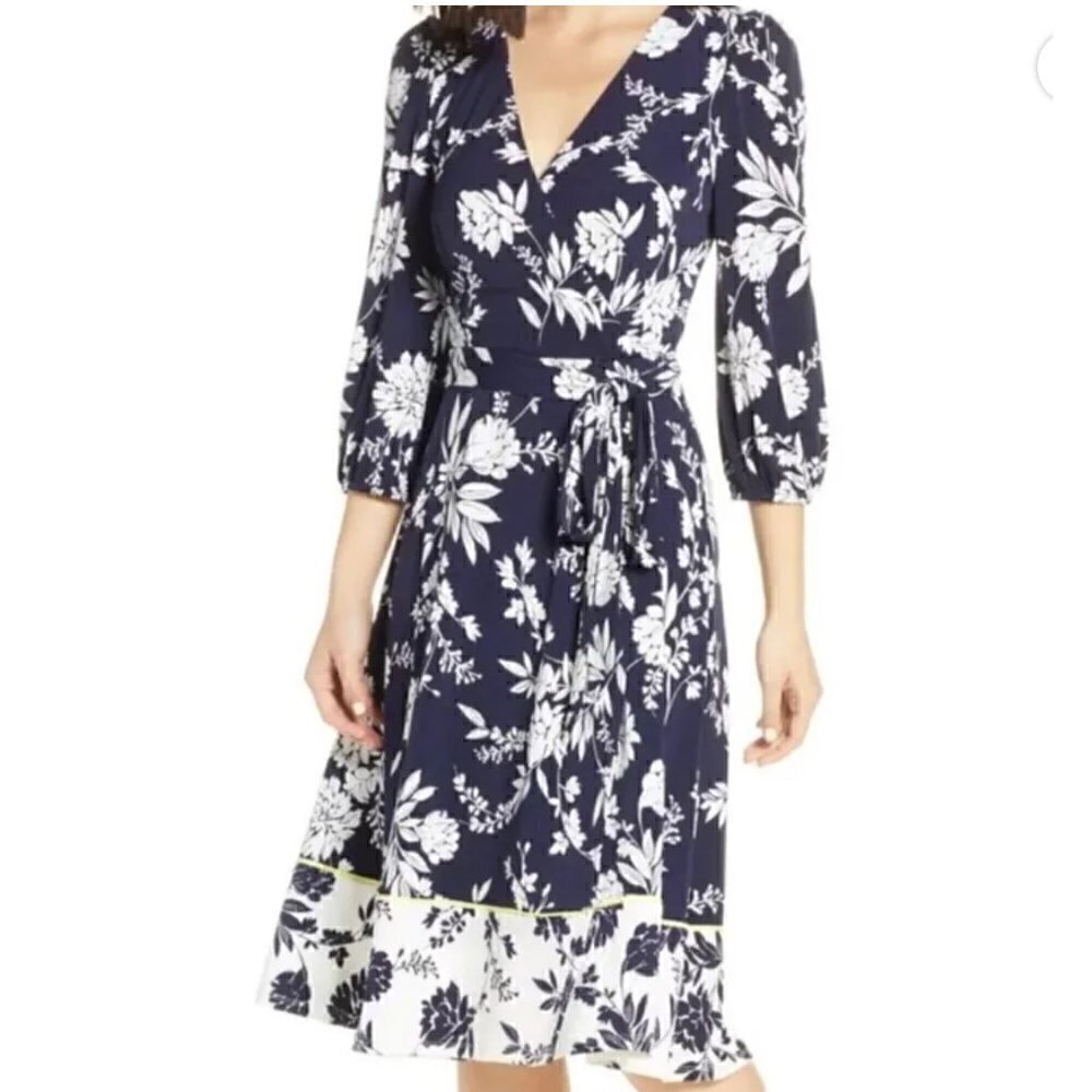 Eliza J Floral Print Faux Wrap Dress w/Waist Tie Navy/Ivory Size 6 Career Wear